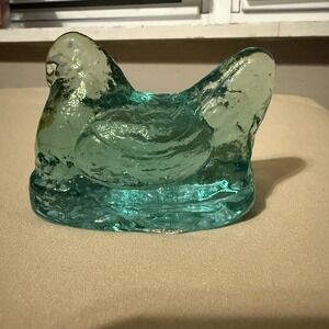 Green Thick Solid Formed Art Glass Chicken Hen On A Nest Paperweight